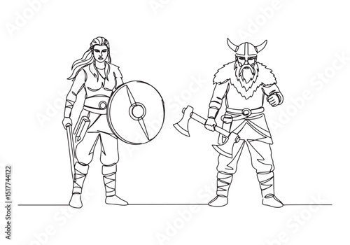 Continuous line drawing of a formidable female viking warrior wi