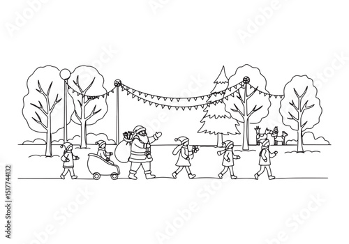 Festive Cheer, Continuous Line Drawing of Santa Leading a Christ