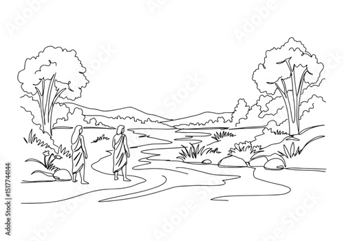 Adam and Eve Continuous Line Drawing in Paradise with Nature Sce