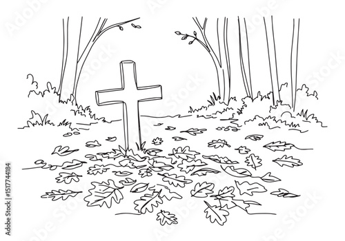 Illustration of a serene resting place with a cross amidst autum