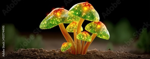 Fungal computing design. Glowing mushrooms in a dark environment with a magical ambiance.