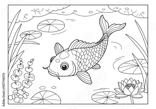 Detailed koi fish in pond coloring page for creative relaxation