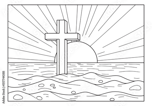 Cross Silhouette at Sunset Coloring Page Illustration for Kids