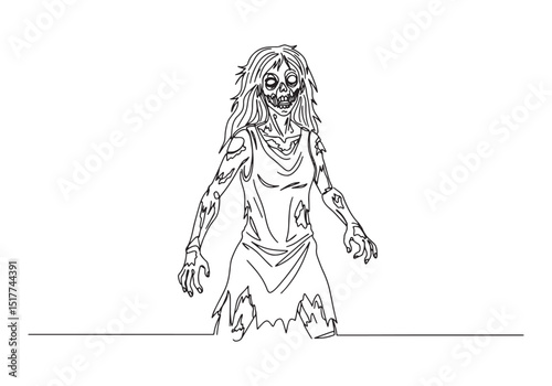 Continuous Line Drawing of a Female Zombie with a Disturbing Pre