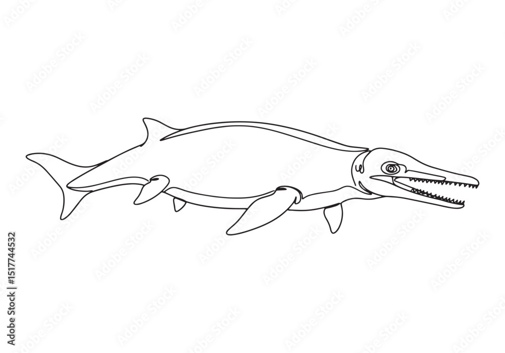 Fototapeta premium Liopleurodon aquatic reptile, continuous line drawing, monochrom
