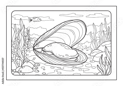 Mussel underwater coloring page for kids and adults with marine