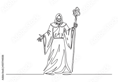 Continuous line drawing of powerful lich with magical staff illu