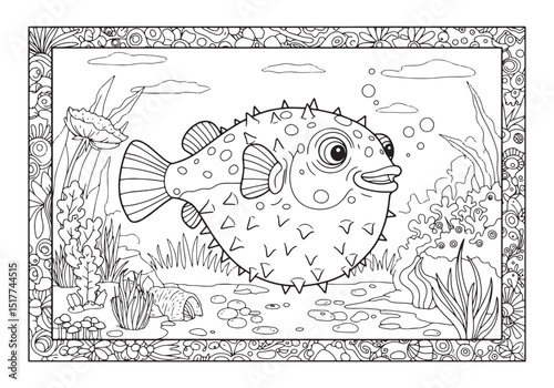 Detailed pufferfish coloring page for relaxation and creative fu