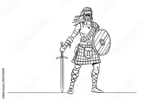 Female Scottish warrior in kilt holding sword and shield in cont
