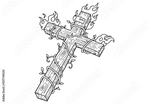 Illustration of a wooden crucifix wrapped in vines with flames o