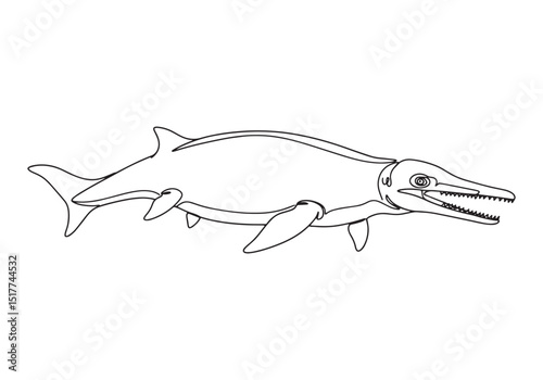 Liopleurodon aquatic reptile, continuous line drawing, monochrom