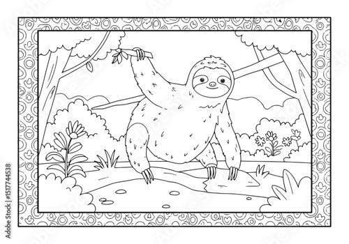 Charming Sloth in Natural Habitat, A Whimsical Coloring Book Adv