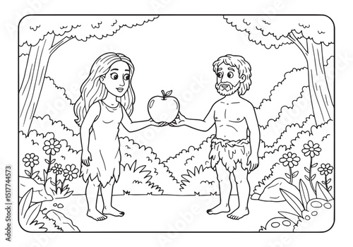 Adam and Eve offering the forbidden fruit, coloring page illustr