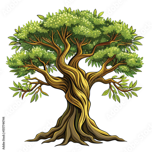 Majestic Ancient Olive Tree Lush Green Foliage Twisted Trunk Detailed Illustration Nature