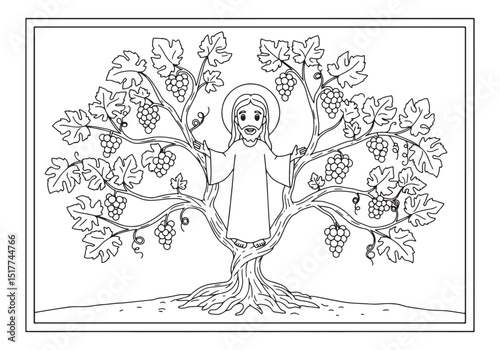 Jesus Christ standing in front of the Grapevine in coloring book