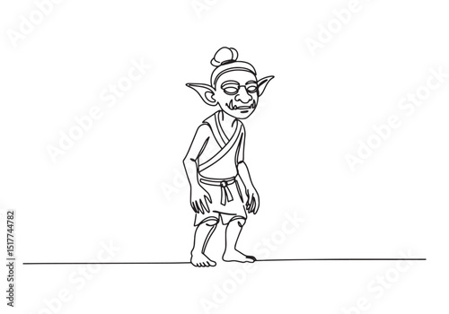 Single Line Drawing of a Dokkaebi Korean Goblin in Black and Whi