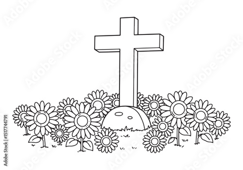 Solemn memorial, Cross amidst sunflowers, a tribute in monochrom