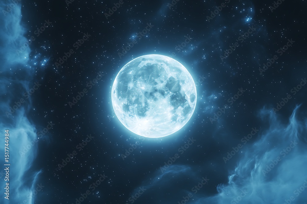 A full moon shines brightly in the night sky, surrounded by twinkling stars and swirling clouds A full moon shines brightly in the night sky, surrounded by twinkling stars and swirling clouds