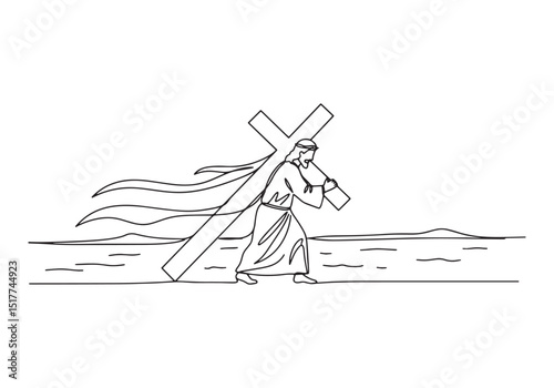 Continuous line drawing of Jesus Christ carrying the cross in bl