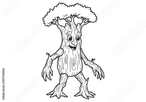 Whimsical Tree Ent Character Walking, A Black and White Coloring