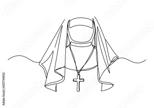 Continuous line drawing of a nun's veil with cross illustration