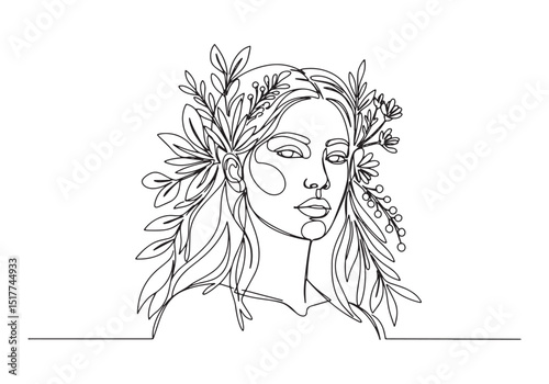 Elegant Earthy Woman Portrait in Continuous Line Art with Botani