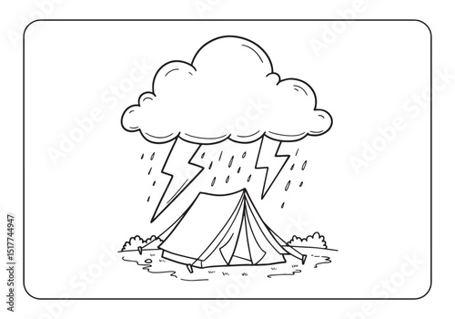 Camping during a thunderstorm coloring page for kids and adults
