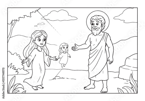 Creation of Eve, Coloring Book Page Depicting Adam and the First