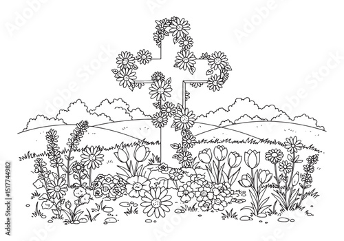 Detailed floral cross illustration amidst a blossoming meadow sc