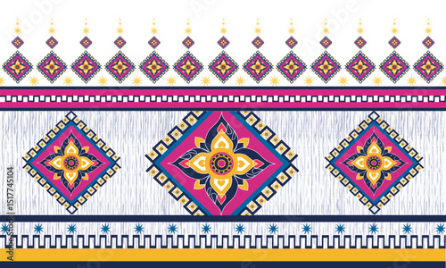 Colorful modern Thai pattern with floral diamond motifs, perfect for textiles, wallpapers, and crafts. Traditional meets trendy with bold pink, gold, and navy highlights.