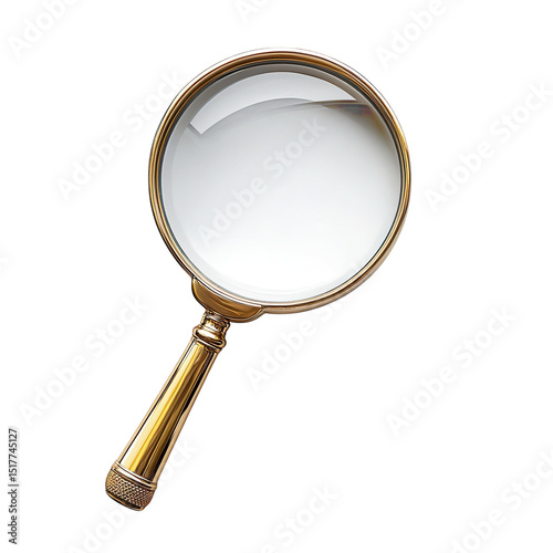 A vintage golden magnifying glass for detailed inspection against a stark on transparent background