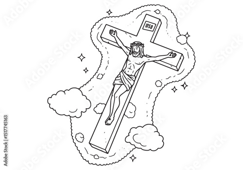 Detailed coloring page of Jesus Christ on a cross surrounded by