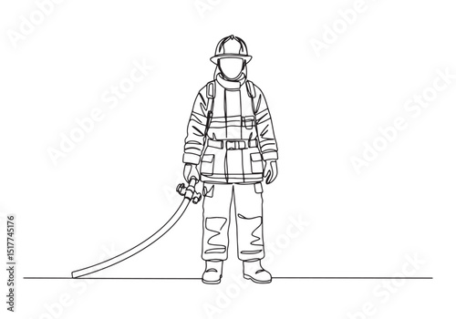 Strong Female Firefighter in Single Line Art Style Illustration