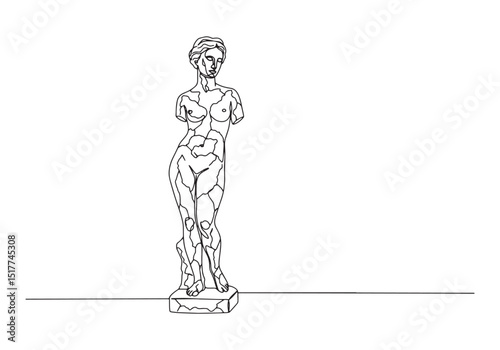 Minimalist one line drawing of cracked clay statue on white back