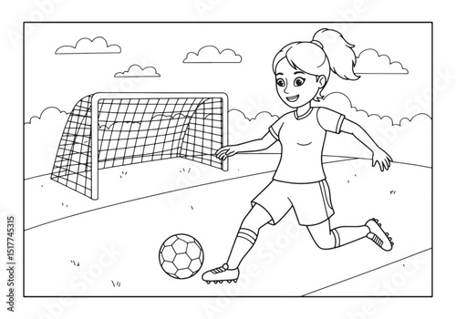 Illustration of a Female Soccer Player in a Coloring Book Style