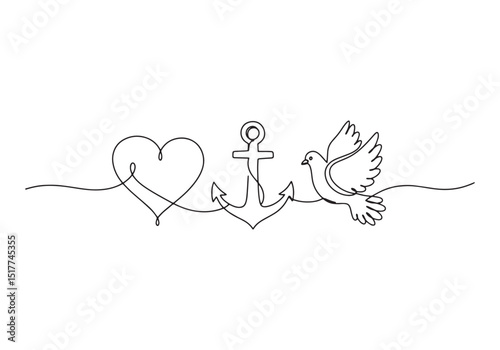 Continuous line drawing of heart anchor and bird symbolizing lov
