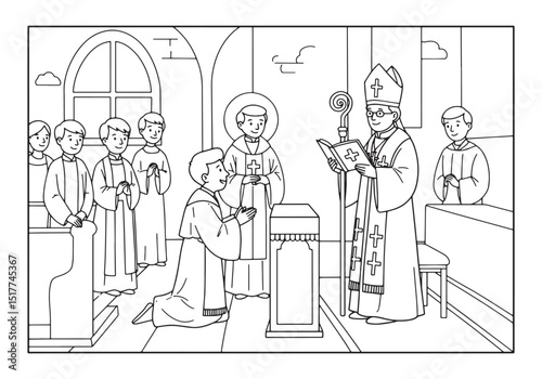Black and White Line Art Depicting a Priest Ordination Ceremony