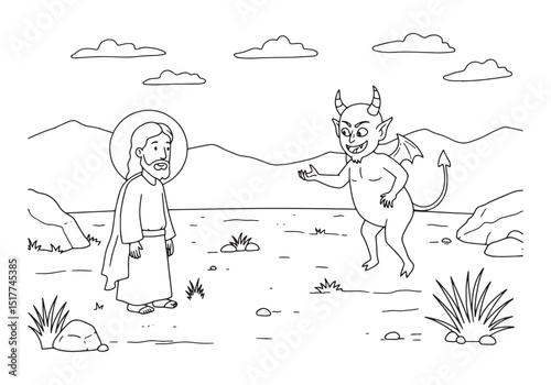 Engaging coloring page, Jesus' temptation in the desert landscap
