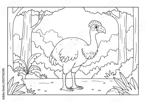 Extinct Moa Bird in a Black and White Coloring Book Style Illust