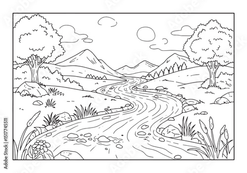 Serene River Landscape for Coloring Book, Black and White Illust
