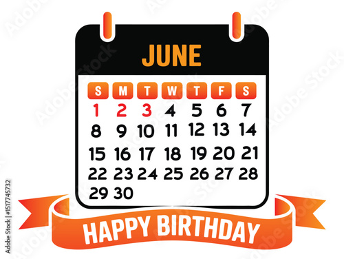June Calendar with Happy Birthday Dates, Calendar with dates in the month of June on a white background