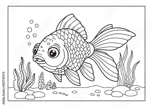 Detailed goldfish coloring page design with aquatic plants eleme