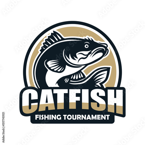 Catfish for Fishing Logo Design with Circle Background and Single Outline.eps