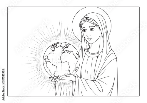 Virgin Mary holding the earth in coloring book style vector illu