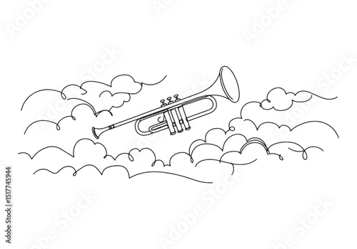 Biblical Trumpet Sound in Continuous Line Drawing, Black and Whi