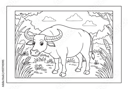 Water buffalo in nature coloring page for kids and children acti