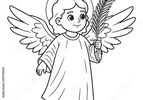 Angel with a palm branch in coloring book style black and white