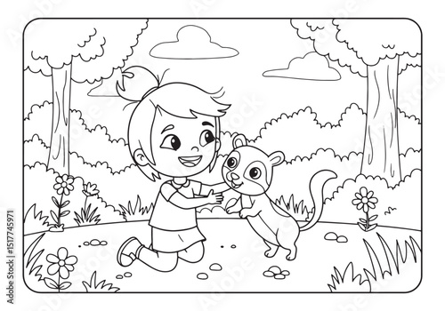 Charming Coloring Book Page, Little Girl Interacting with Adorab