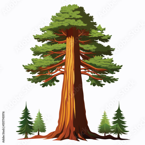 Majestic Redwood Giant Tree Nature Illustration Tall Evergreen Forest Sequoia Conifer Botanical