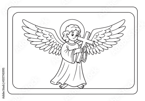 Whimsical angel carrying a cross, outlined for coloring book fun
